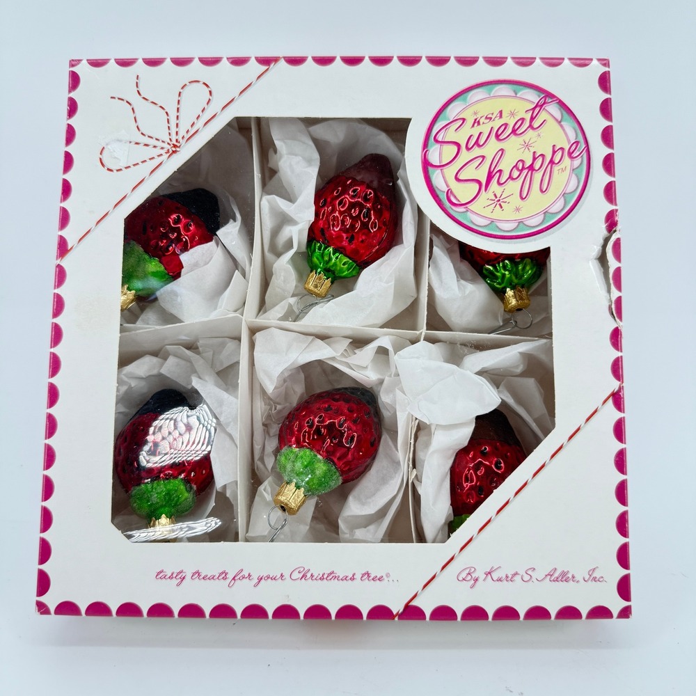 Kurt Adler Sweet Shoppe Ornaments Chocolate Dipped Strawberries Red Glass Set 6